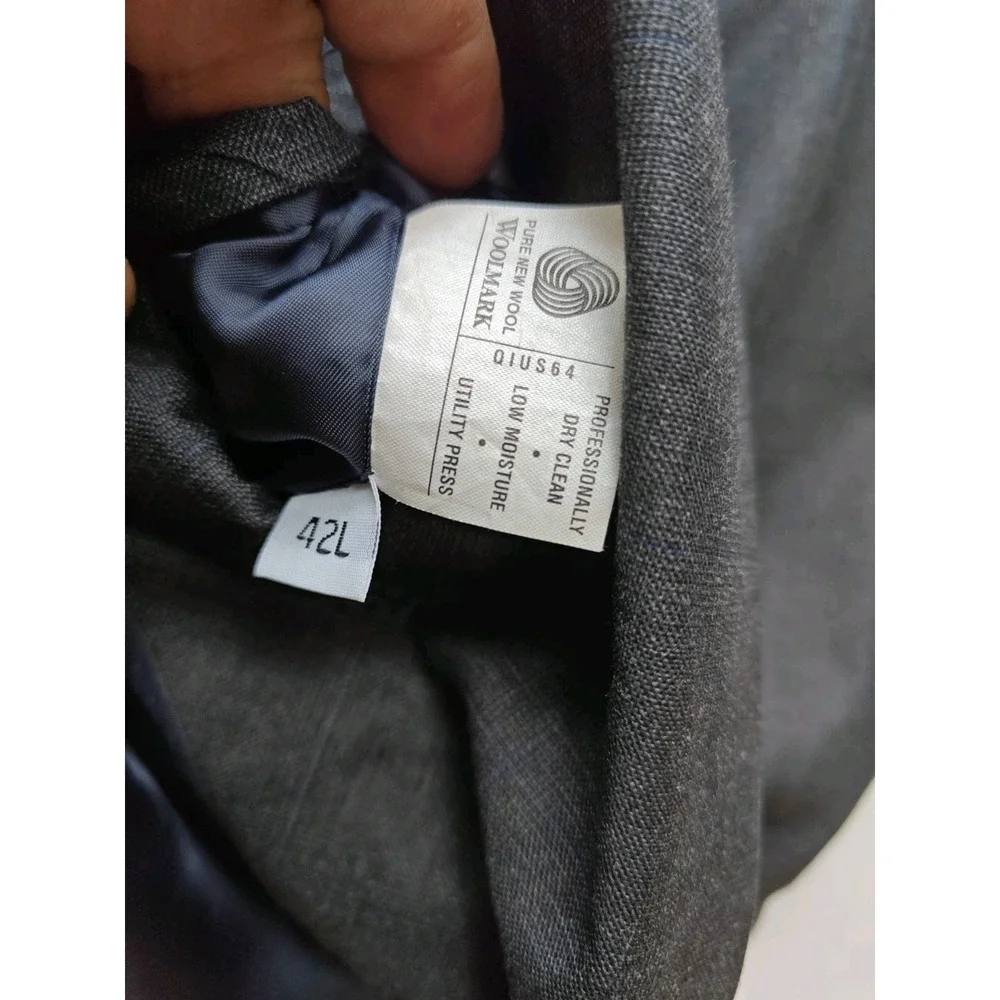 Hart Schaffner Marx Mens Wool Sports Coat 42L Gray Blue Plaid Gold Trumpeter USA